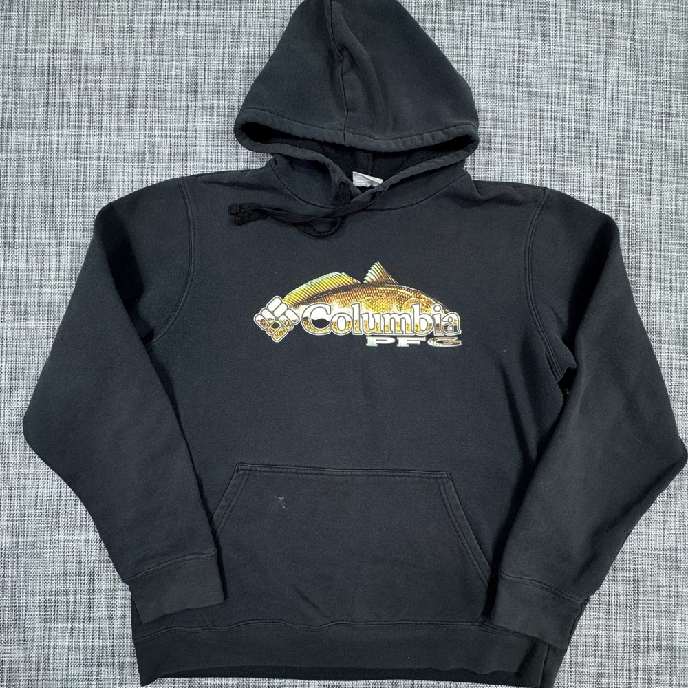 Columbia PFG Mens Medium Black Fish Graphic Hoodie Cotton Blend Sweatshirt